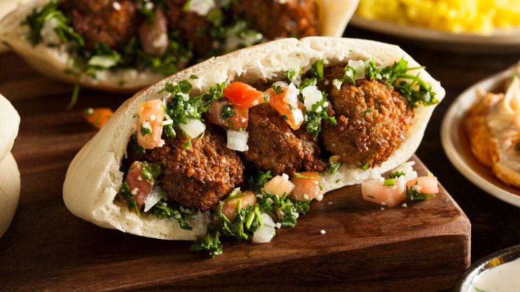 Pita Mediterranean street food, Falafel pita is a delightful option for vegetarians or those looking for a meat-free alternative.