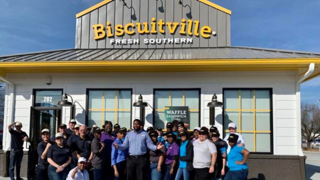 A delicious spread of Southern fast food from Biscuitville, featuring their famous biscuits and hearty meals.