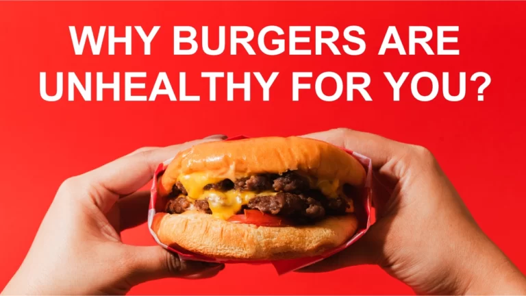 This picture shows the burger and A question asking why burgers are unhealthy for you?